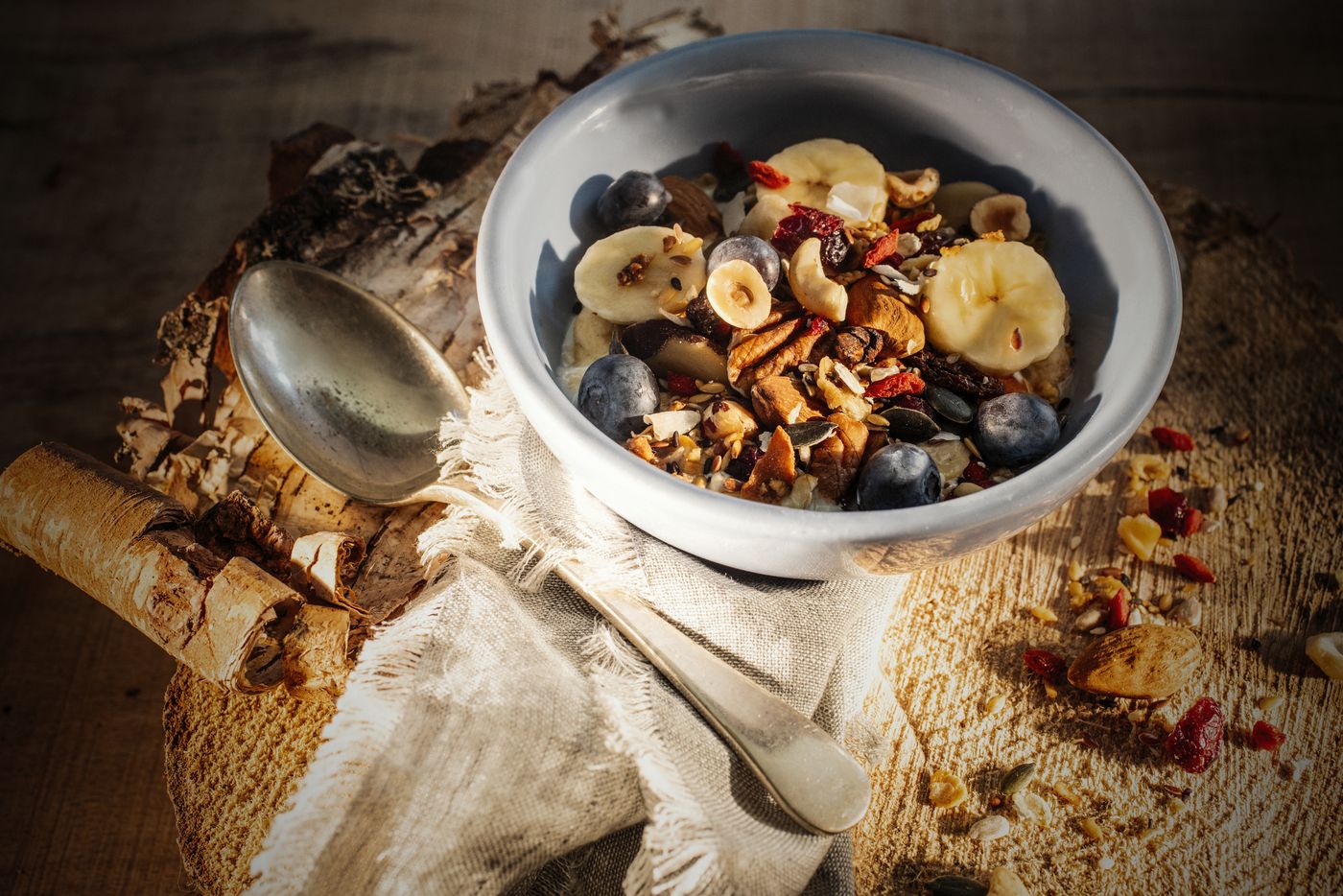Rustic bowl of granola with fruit